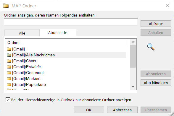 Abonnierte IMAP-Ordner in Microsoft Outlook 2016